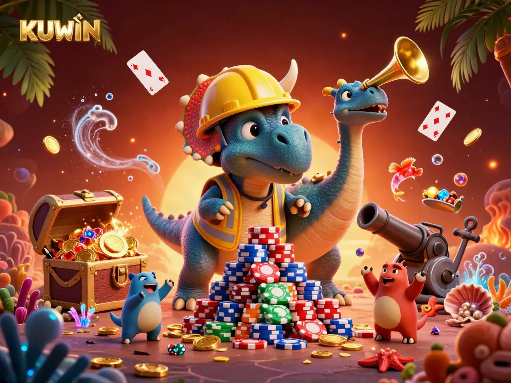 Engage with KUWIN's energetic casino scene highlighting a vibrant triceratops and gaming elements.