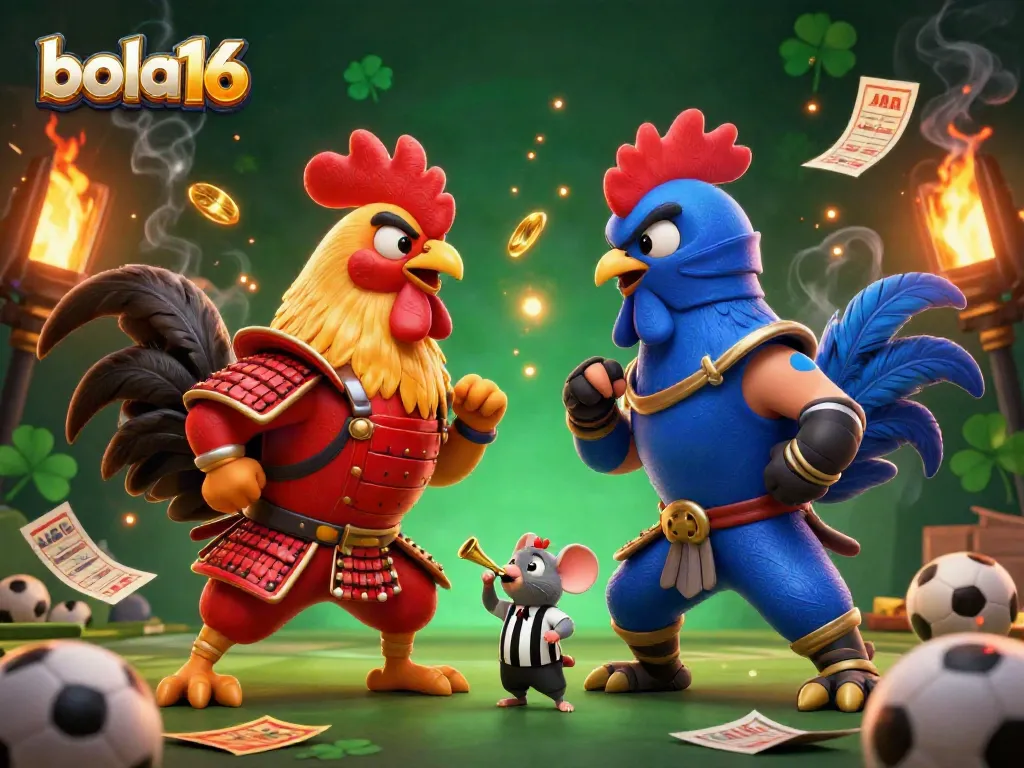 Engage with the thrilling showdown of bola16's dynamic sports betting scene featuring samurai and ninja roosters.