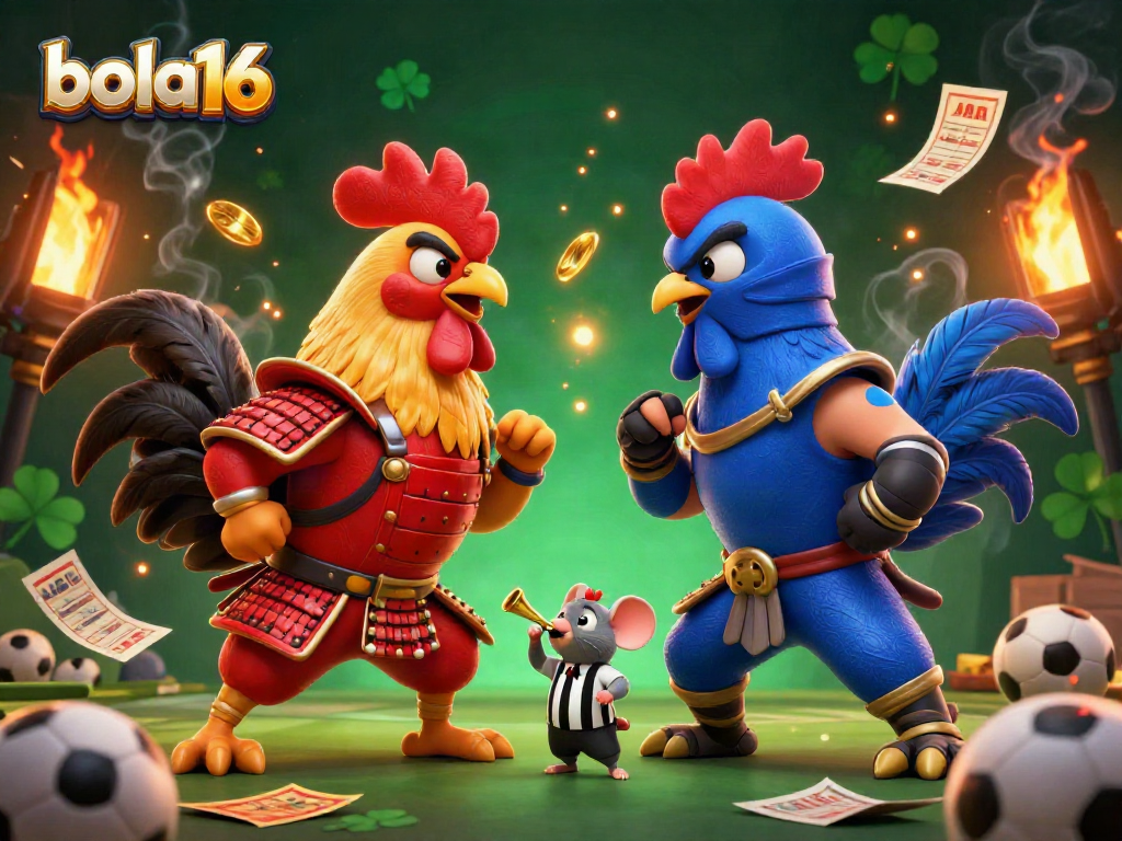 Engage with the thrilling showdown of bola16's dynamic sports betting scene featuring samurai and ninja roosters.
