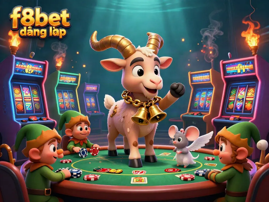Experience excitement with f8bet đăng nhập in a vibrant casino scene full of games and playful characters.