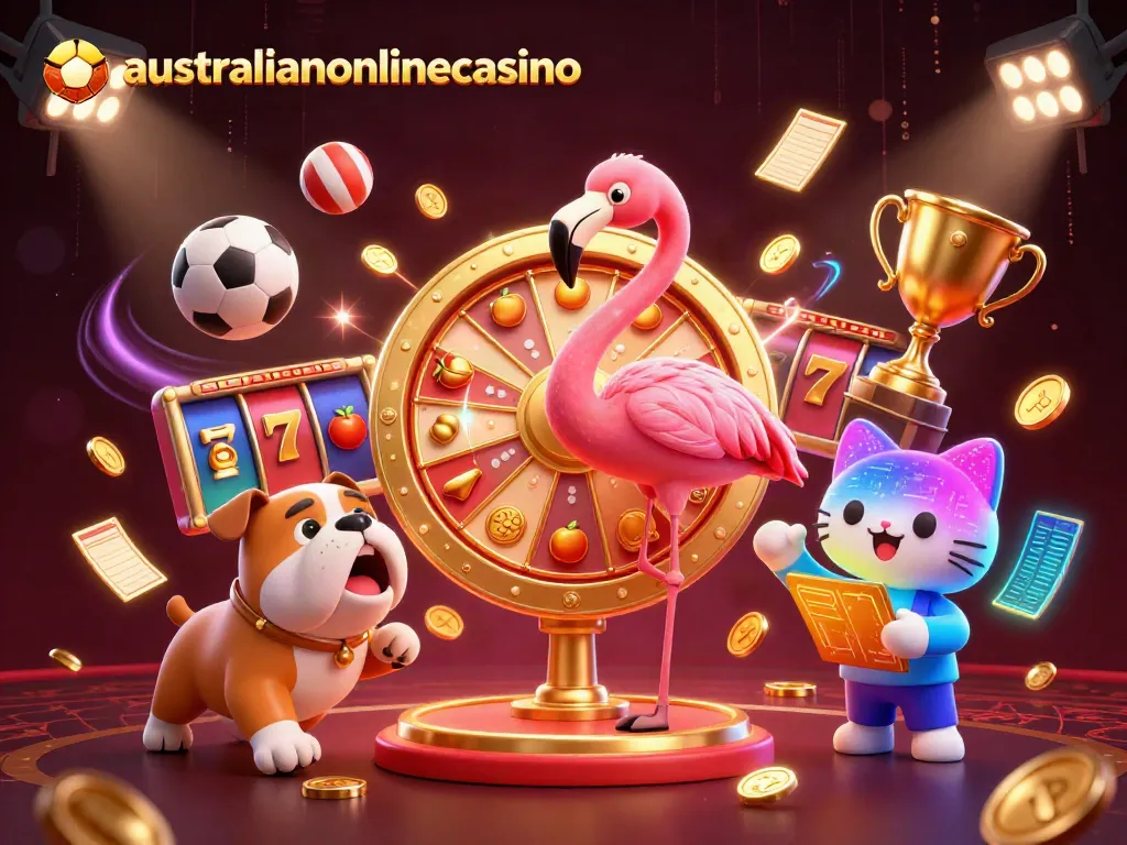 Experience the thrill of play at australianonlinecasino with dynamic 3D characters, slot reels, and vibrant casino elements.