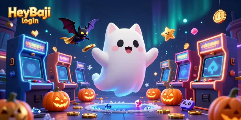 Experience the thrill of HeyBaji login with a vibrant ghost cat and casino elements.
