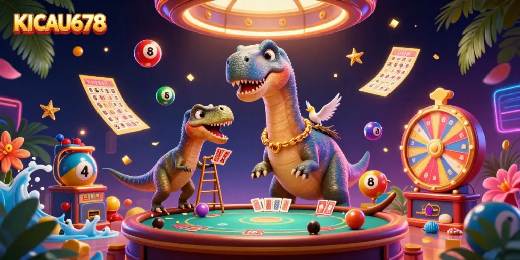 Experience thrilling gaming in KICAU678 with a whimsical 3D casino scene featuring a towering brontosaurus.