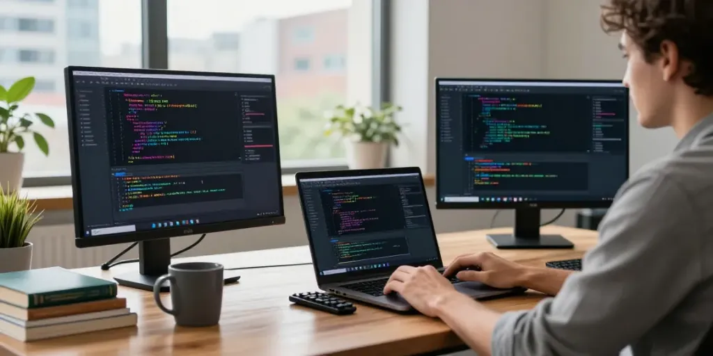 Developer using Notepad++ at a bright coding workspace with dual monitors and coffee.
