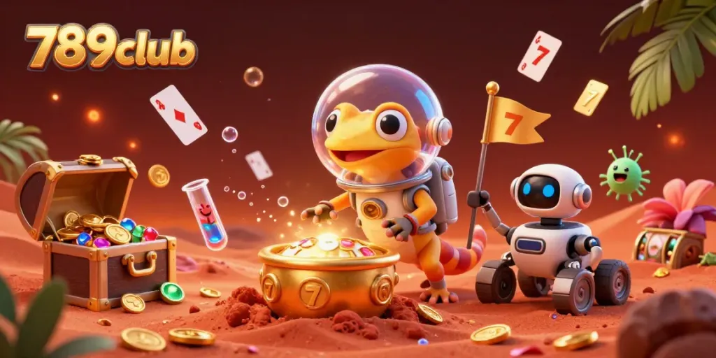 Discover the thrilling world of 789club with engaging games, vibrant visuals, and a Martian gecko exploring a golden casino.