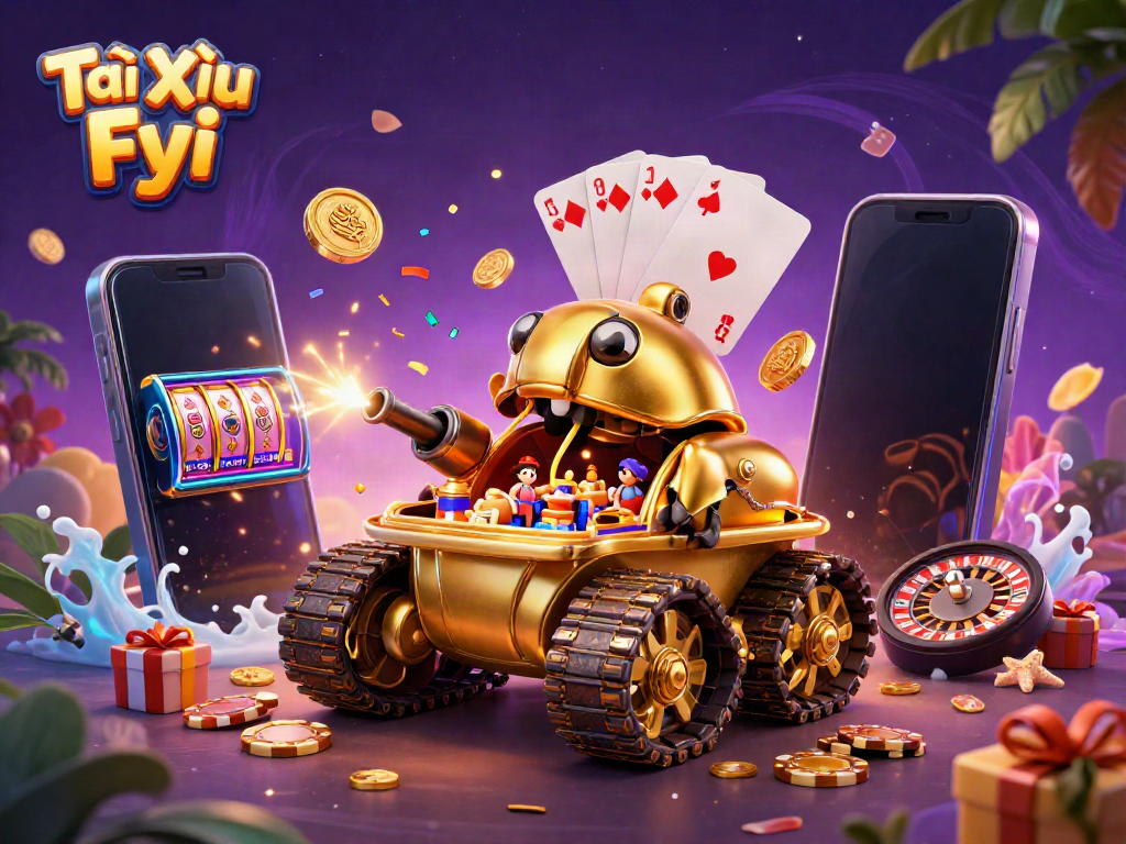 Tài Xỉu Fyi immersive casino scene with a golden beetle tank revealing a miniature casino, dynamic gameplay elements.