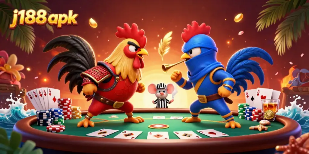 Experience vibrant action in j188 apk with dynamic fighting roosters and casino elements.