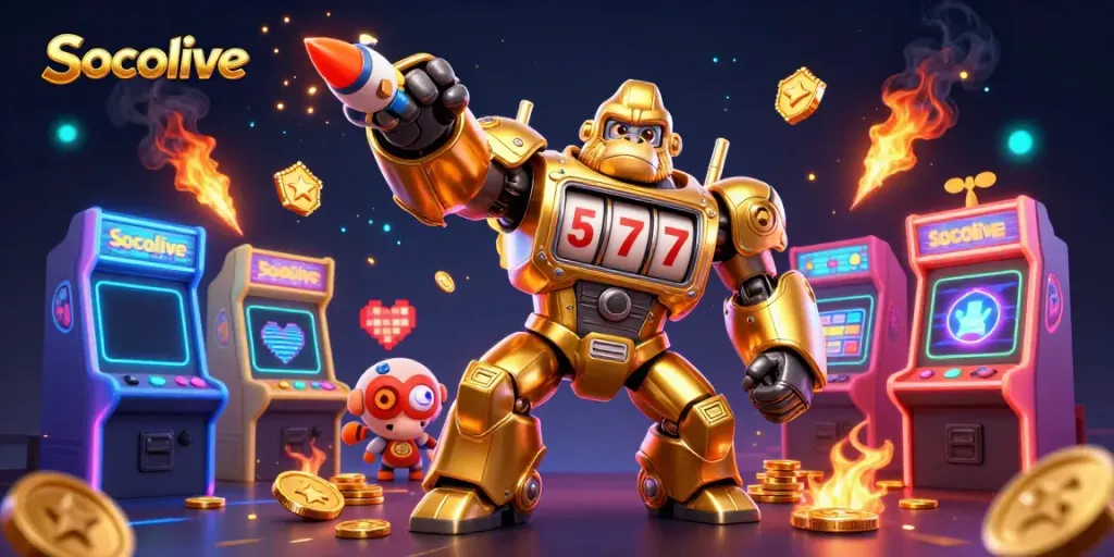 Socolive gamers experience thrilling action with a golden gorilla mech and vibrant arcade elements