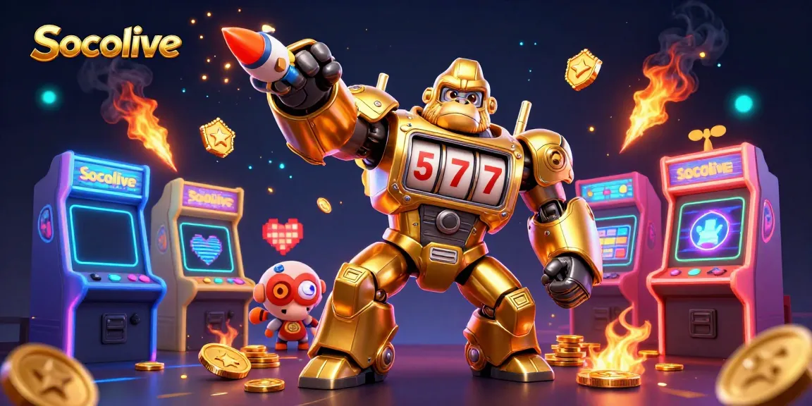 Socolive gamers experience thrilling action with a golden gorilla mech and vibrant arcade elements