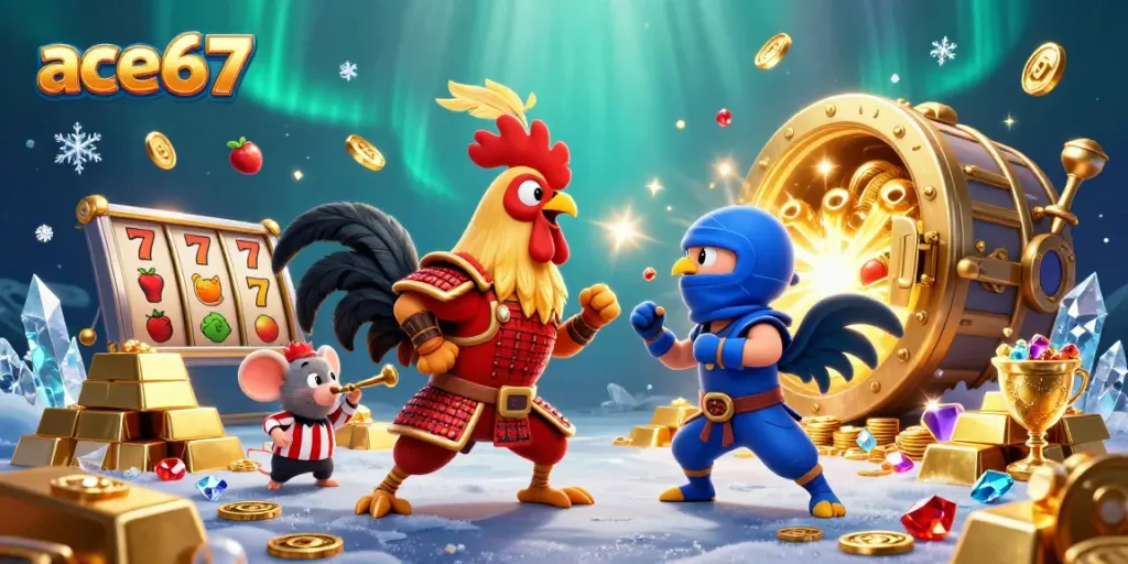 Engage with ace67's thrilling slot adventures featuring fierce rooster champions in an electrifying showdown.