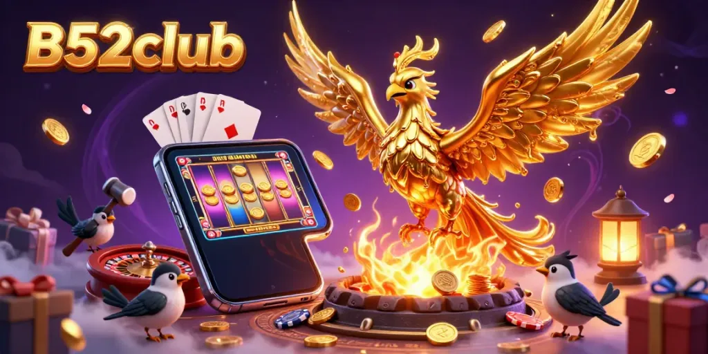 B52club elevates gameplay with an enchanting scene featuring a molten golden phoenix and captivating casino elements.