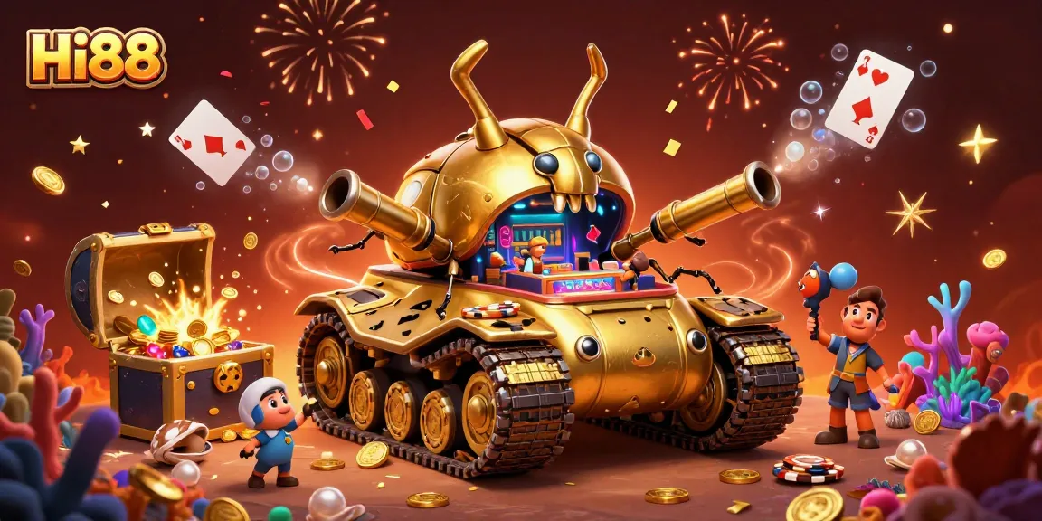 Experience Hi88's excitement with a golden beetle tank casino, confetti, and vibrant gameplay elements.