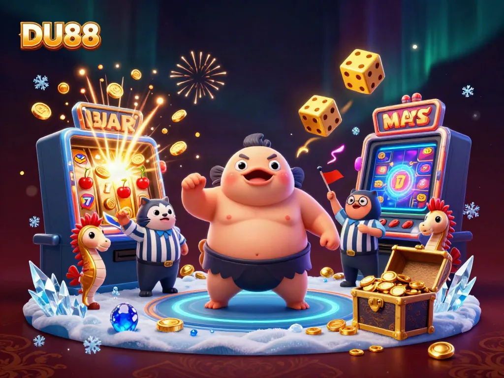 Experience DU88 excitement with a cartoon fugu in a casino-themed underwater illustration bursting with action.