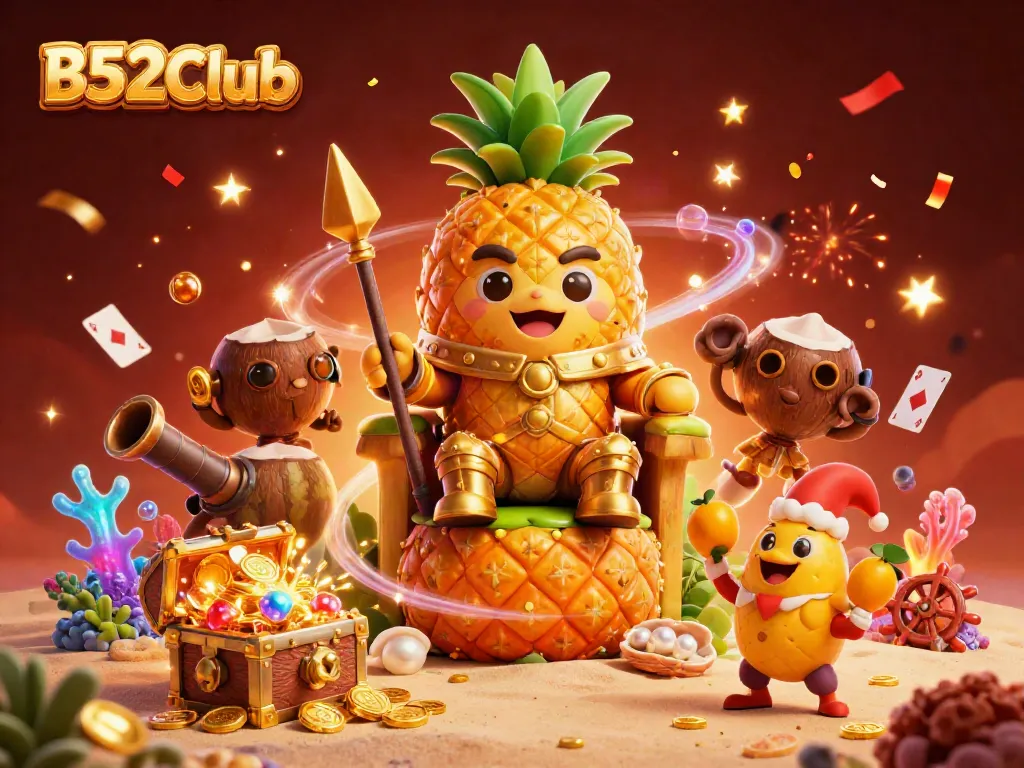 B52Club offers thrilling gaming experiences with vibrant 3D illustration of a pineapple king surrounded by treasures and festive elements.