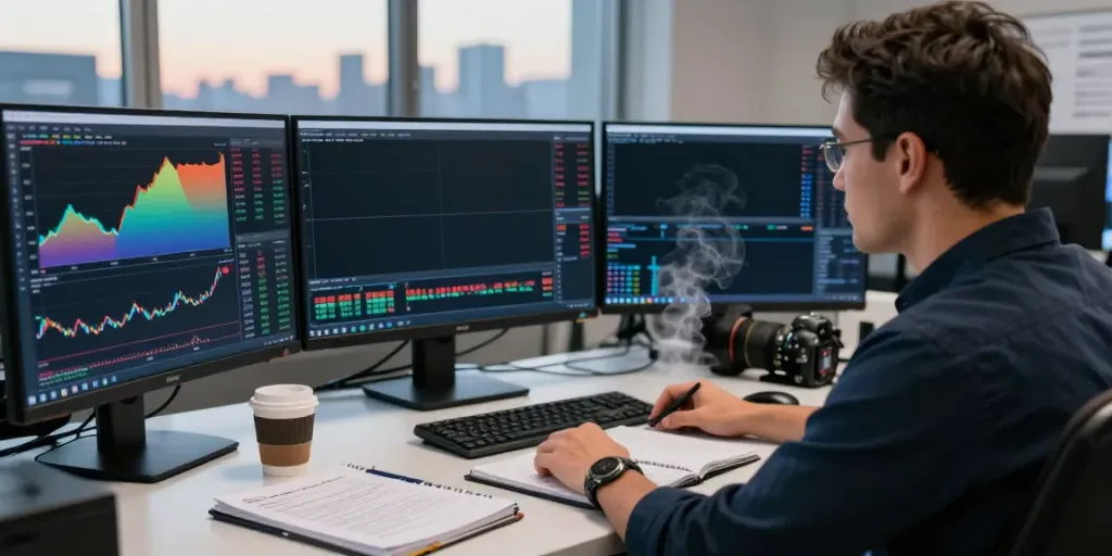 Real-time TradingView charts displayed on multiple screens in a professional trading office.