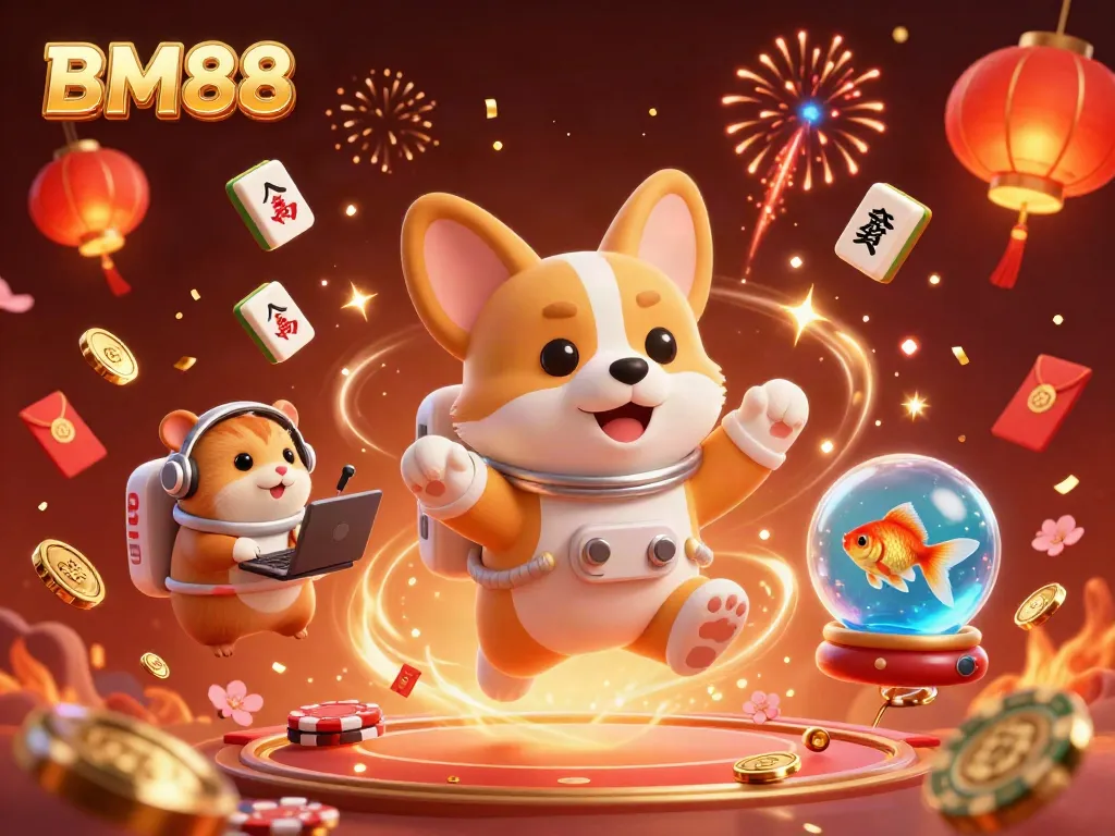 BM88: Experience thrilling space casino excitement with floating coins and charming characters.