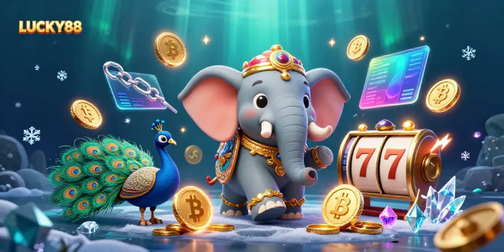 Spin to win with LUCKY88's vibrant illustrated slot scene featuring an elephant and peacock.
