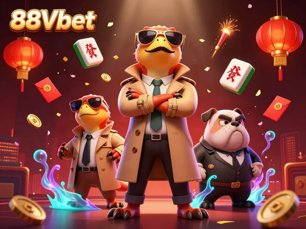 Experience thrilling gameplay at 88Vbet with cartoon raptors in a trench coat entering a VIP casino.