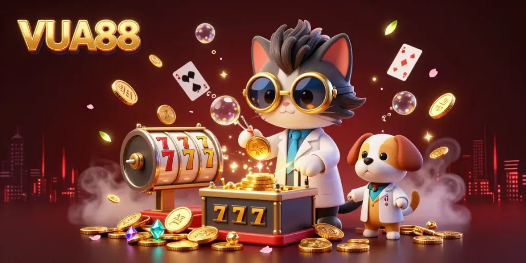 Experience VUA88's thrilling slot games with a mad scientist cat creating riches in this engaging scene.