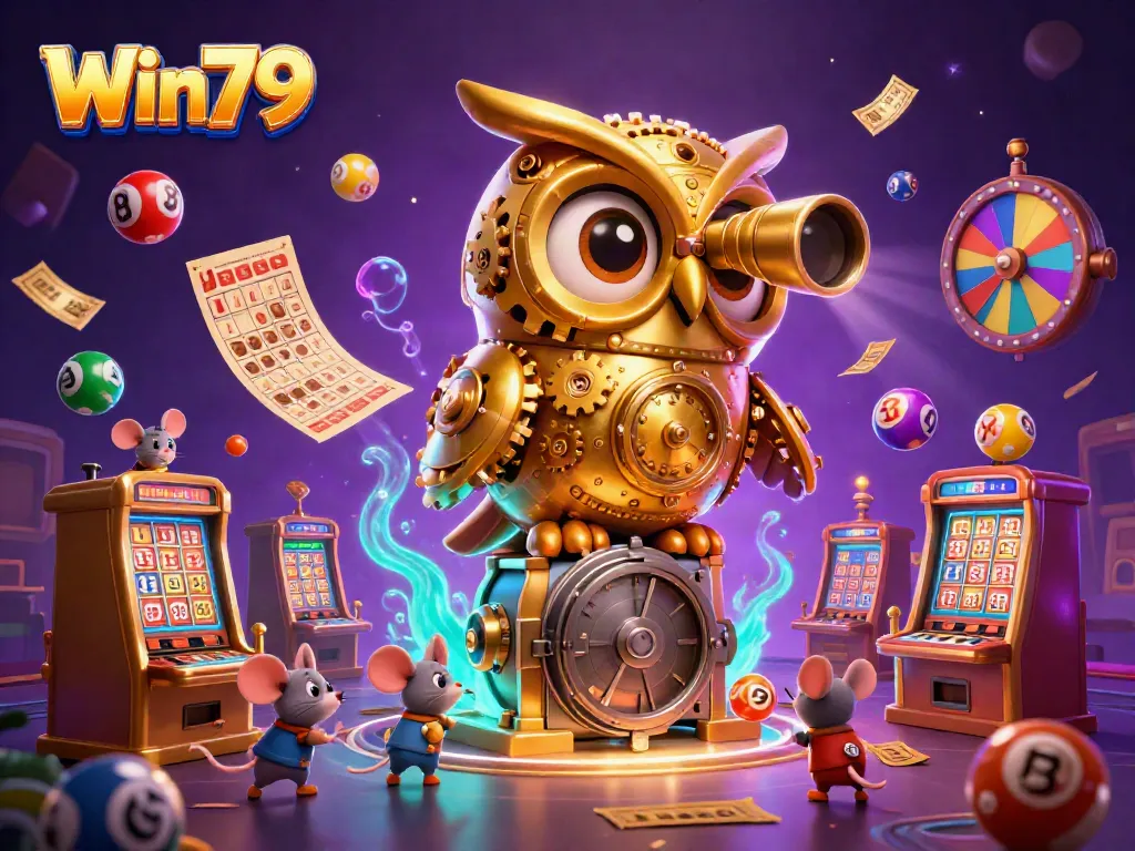 Win79 showcases a dynamic casino scene with a glowing golden owl and vibrant game elements.