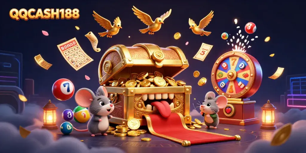 Join the adventure with QQCASH188 as cartoon mice are lured by a treasure chest amid vibrant gaming elements.