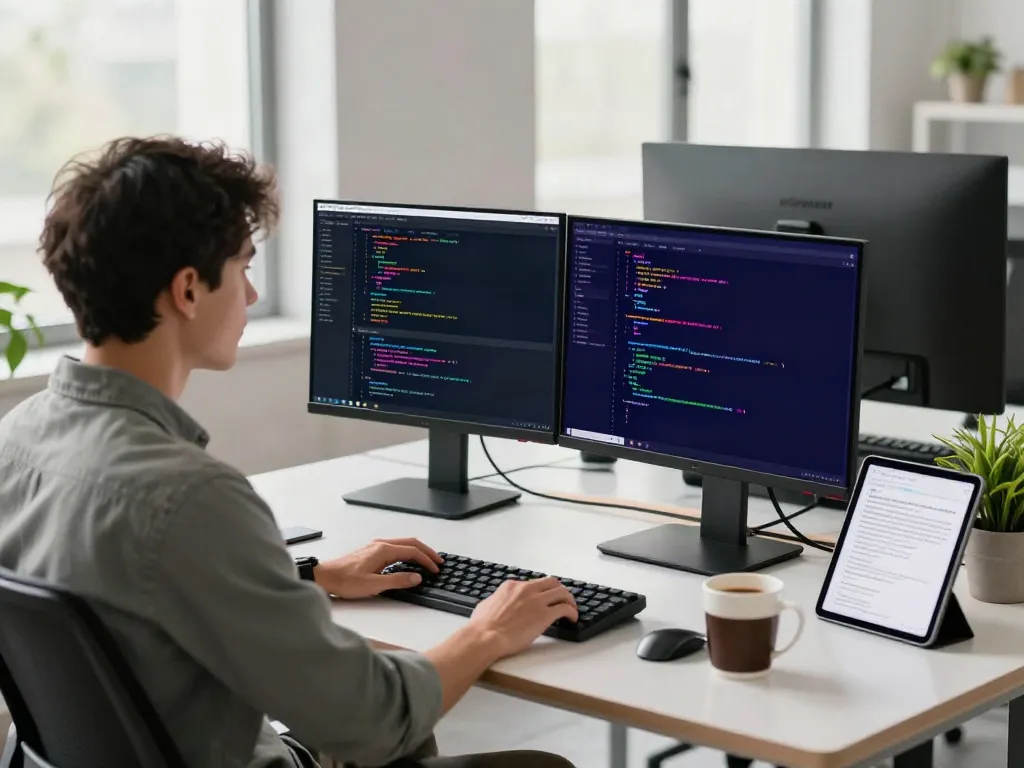Developer using brave浏览器 in a modern workspace with code on dual monitors.