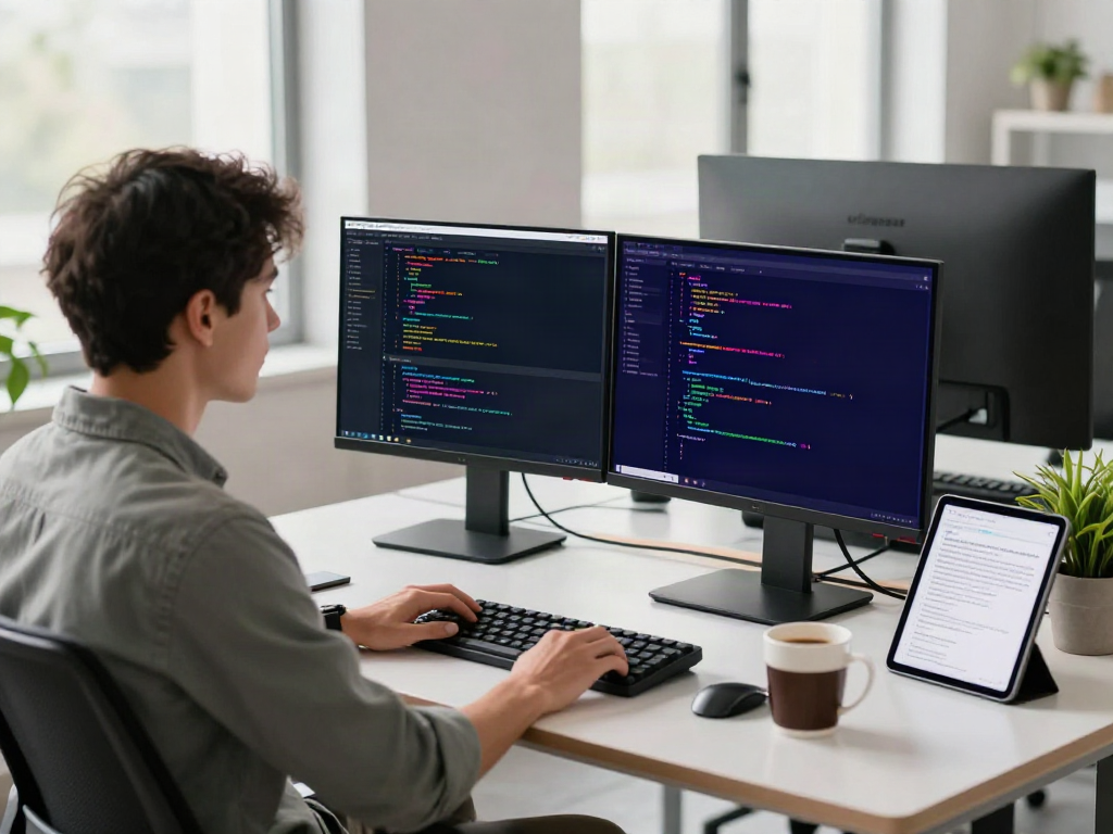 Developer using brave浏览器 in a modern workspace with code on dual monitors.