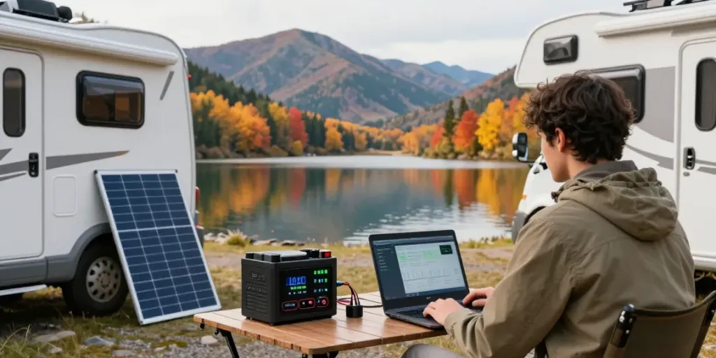 Monitor lithium RV battery system by the lakeside with camping gear.