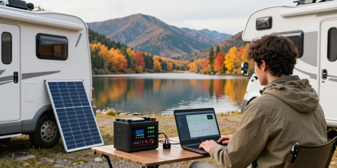 Monitor lithium RV battery system by the lakeside with camping gear.