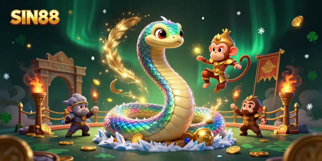 Engage with SIN88 in a vibrant, dynamic casino scene featuring a rainbow serpent and a golden monkey king.