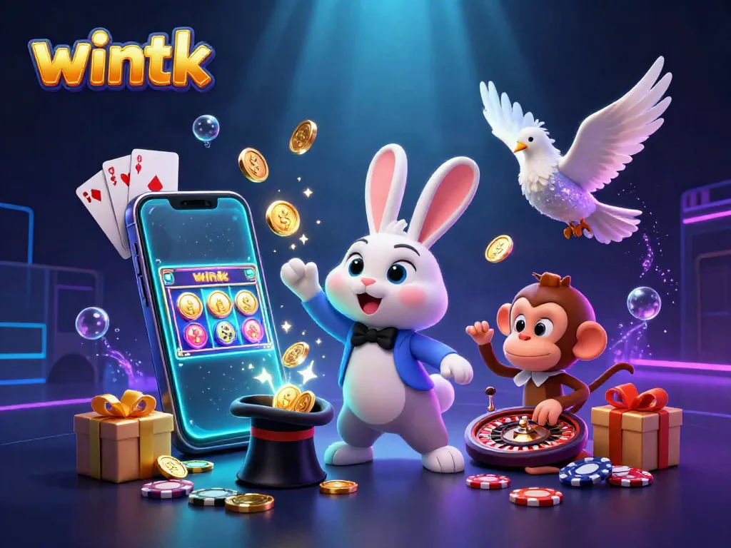 Engaging wintk illustration of a magician rabbit, sequined dove, and monkey show casino fun.