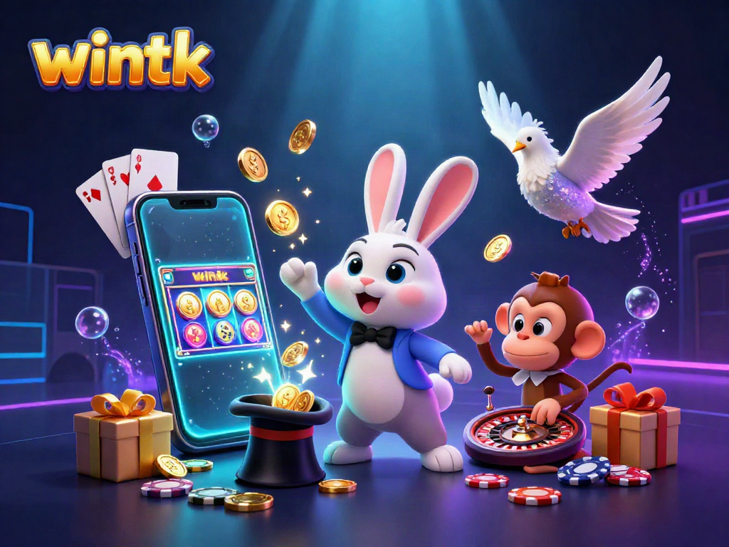 Engaging wintk illustration of a magician rabbit, sequined dove, and monkey show casino fun.
