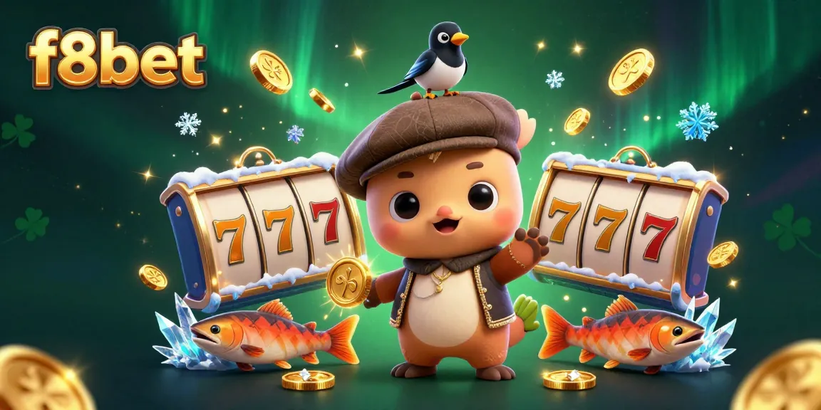Engage with f8bet's colorful casino games featuring cartoon characters, slot reels, and gold coins.
