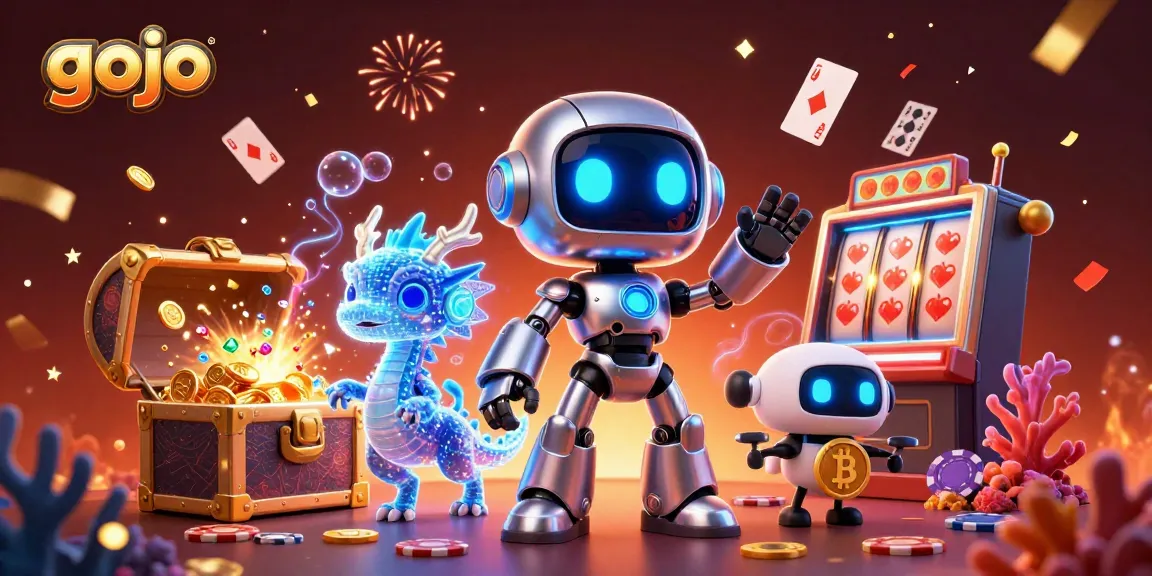 Join Gojo, the cyberpunk mascot, in a vibrant casino scene featuring gold coins, playing cards, and slot machines.