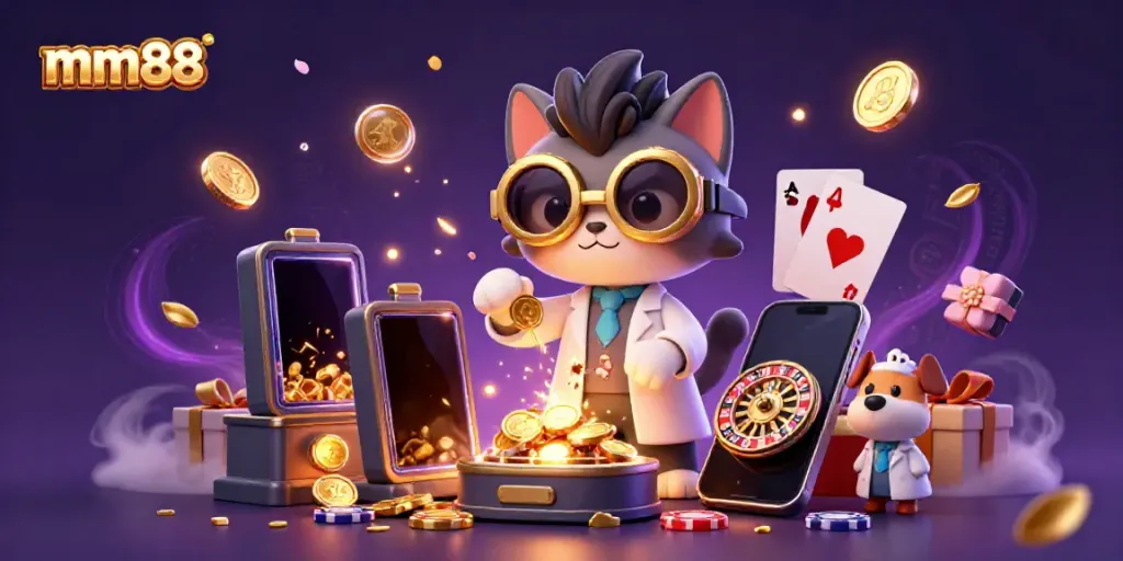Experience the excitement of mm88 with a playful scientist cat and dog amid casino elements.