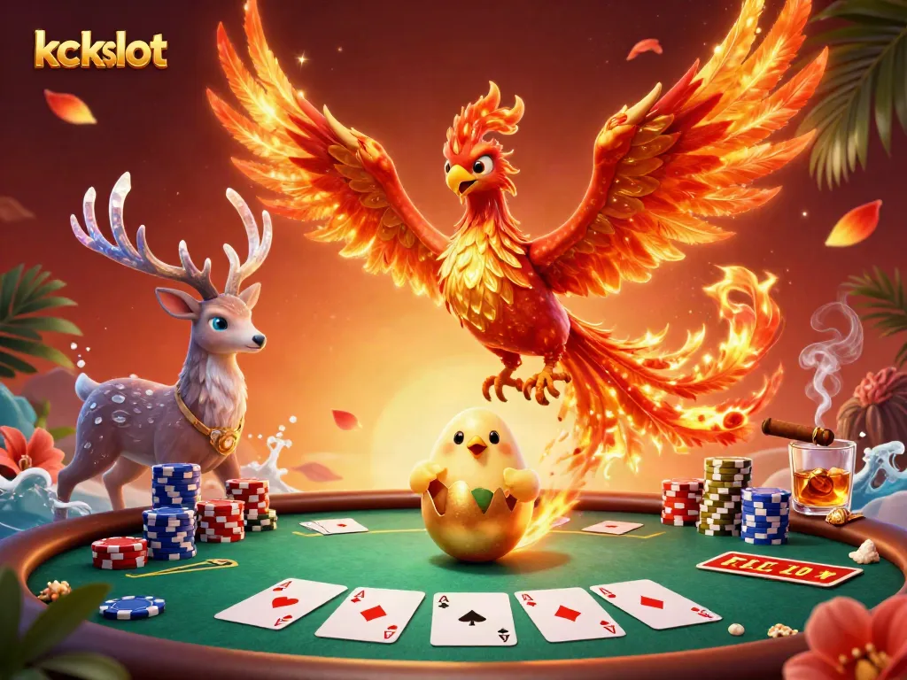 Permainan kckslot dikelilingi oleh phoenix api 3D dan elemen kasino yang berwarna-warni.