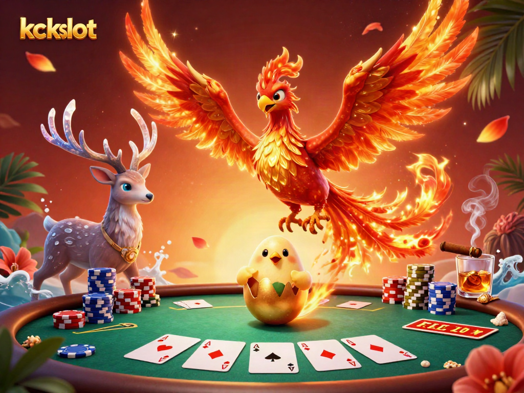 Permainan kckslot dikelilingi oleh phoenix api 3D dan elemen kasino yang berwarna-warni.