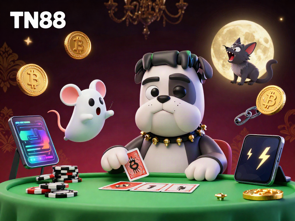 Experience thrilling card action at TN88's spooky table featuring fun characters and crypto elements.