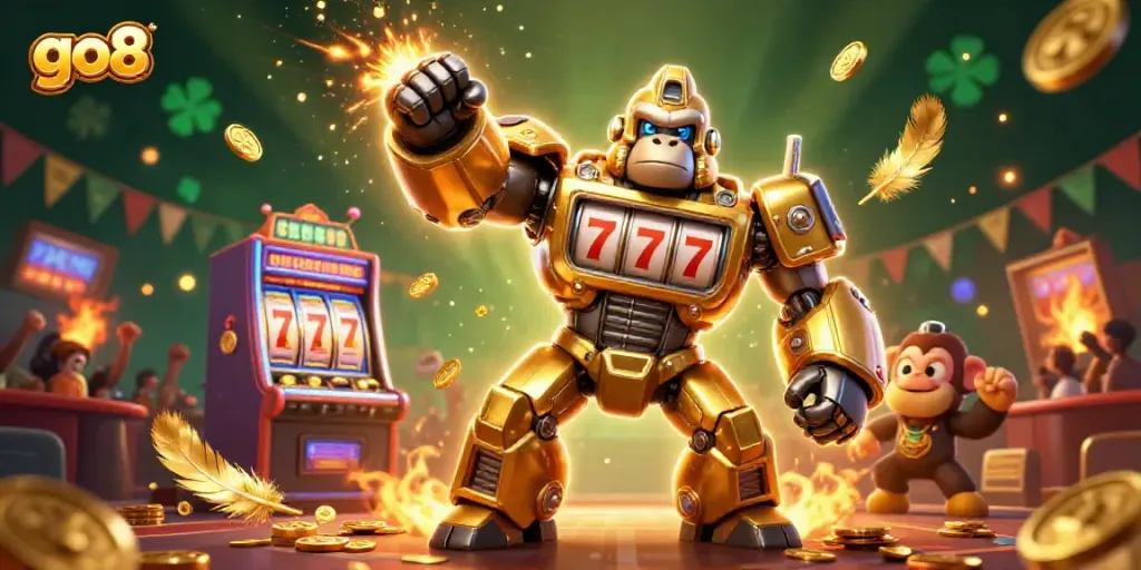 Experience exciting gameplay as the go8 golden gorilla mech wins big in a vibrant casino environment.