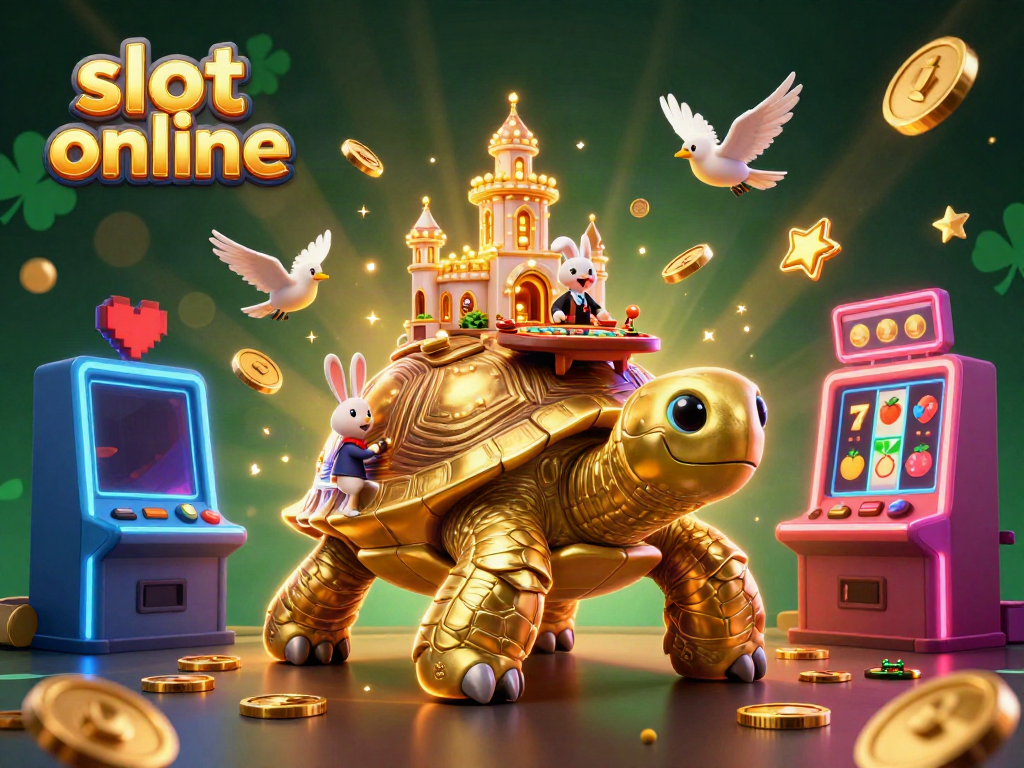 Experience the thrill of slot online with vibrant 3D tortoise casino illustration, featuring golden coins, colorful machines, and exciting gameplay.