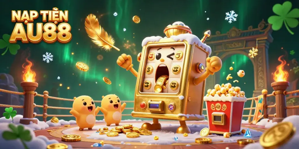NẠP TIỀN AU88 showcases a golden slot machine hitting a jackpot in a vibrant casino scene.