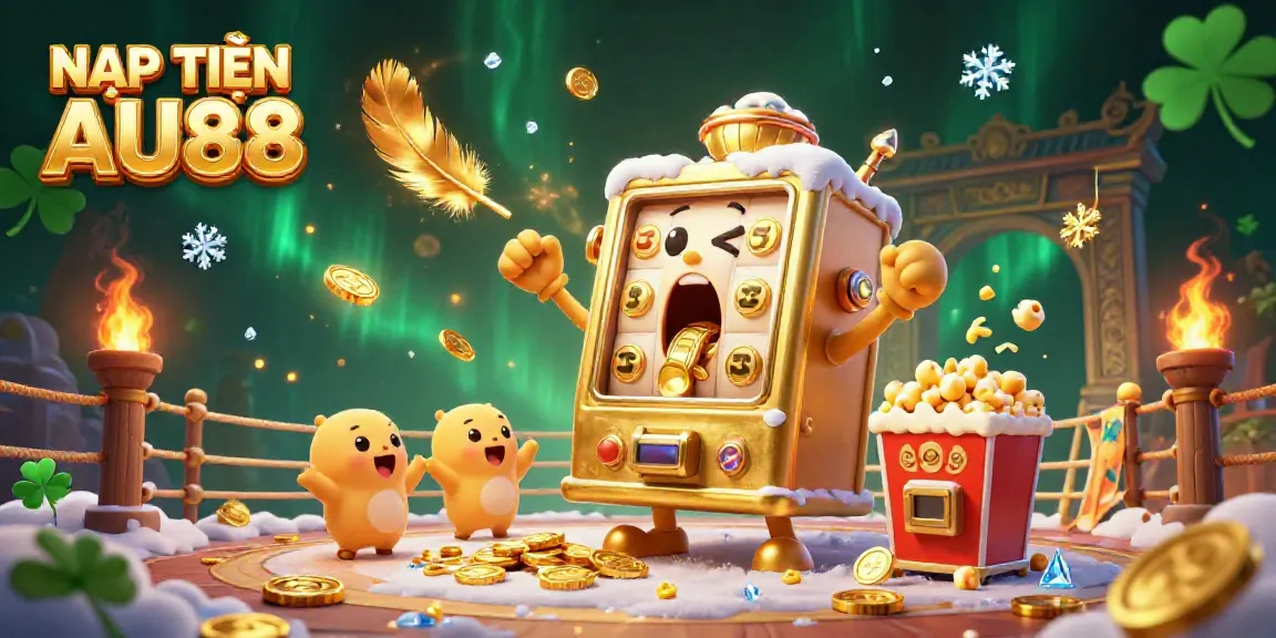 NẠP TIỀN AU88 showcases a golden slot machine hitting a jackpot in a vibrant casino scene.