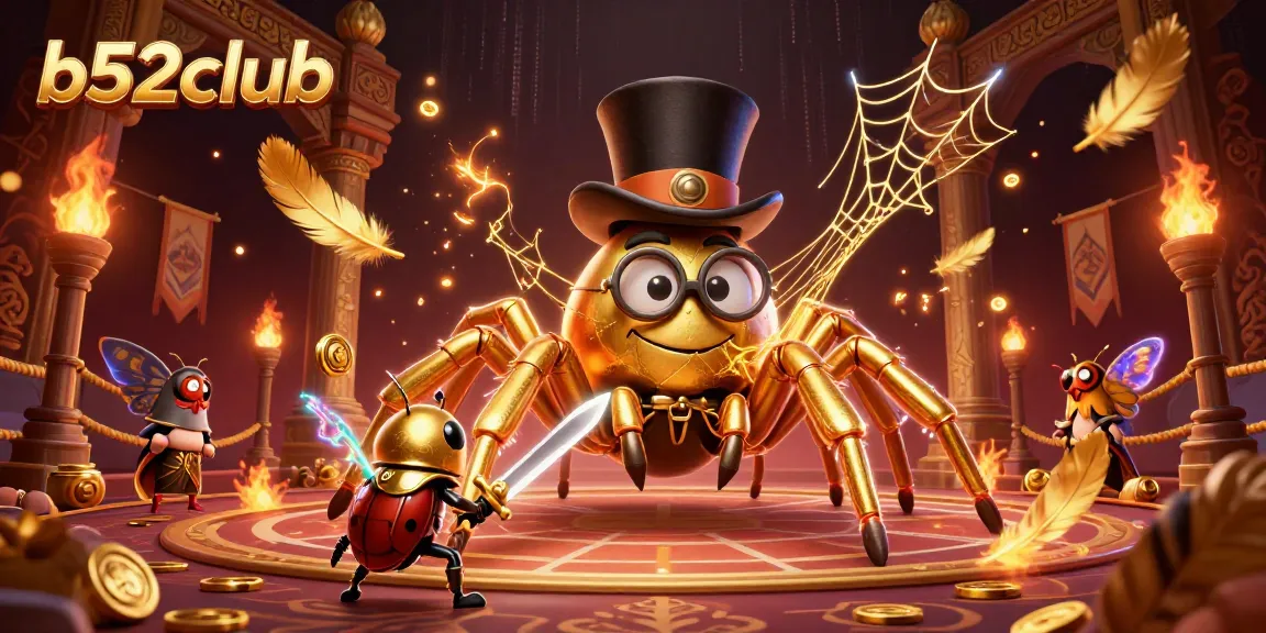 Experience the thrill of b52club with a giant tarantula and brave beetle knight in a casino-themed illustration.