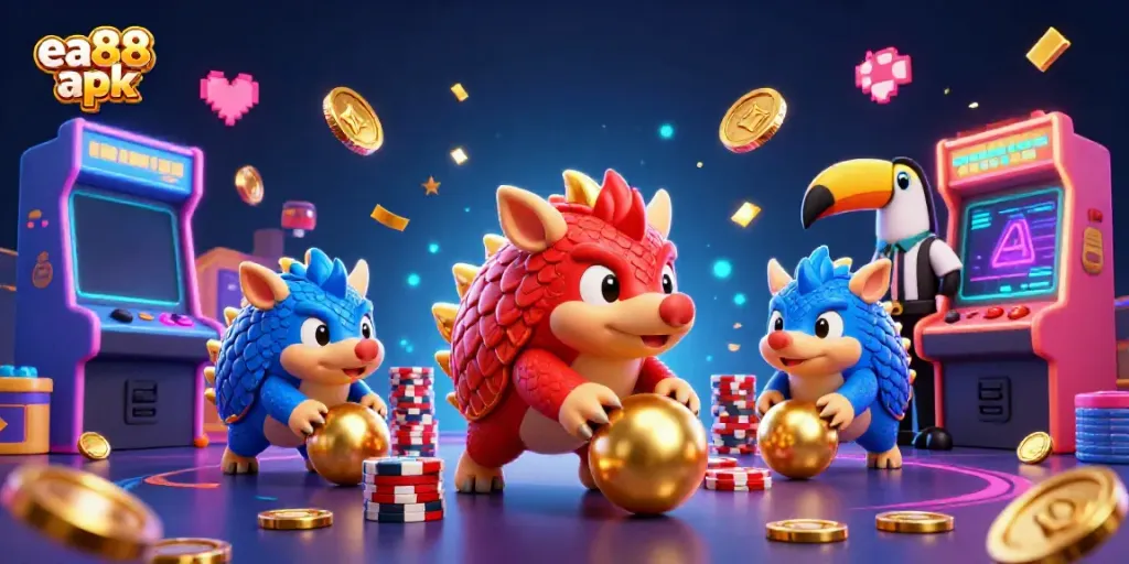 Experience the excitement of gaming with ea88 apk featuring animated pangolins rolling over poker chips.