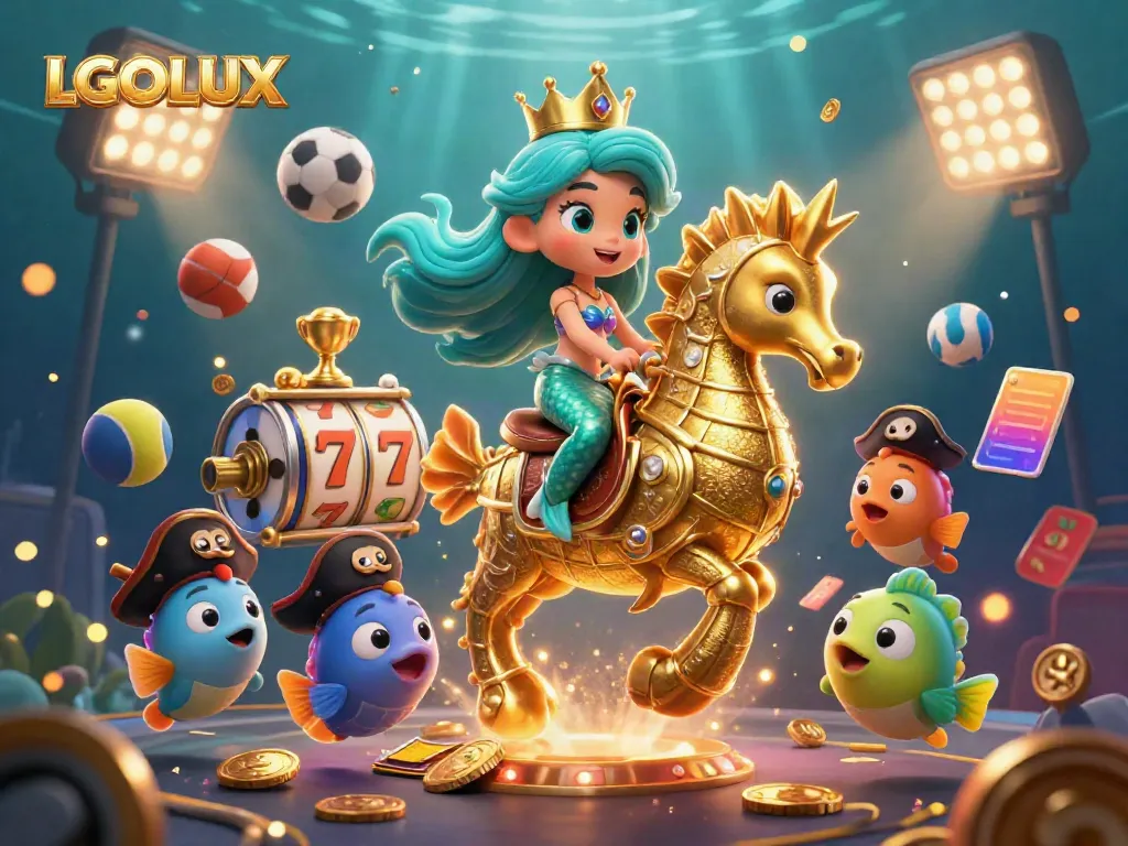 Experience gaming adventure with LGOLUX's vibrant mermaid and seahorse, featuring dynamic slot elements.