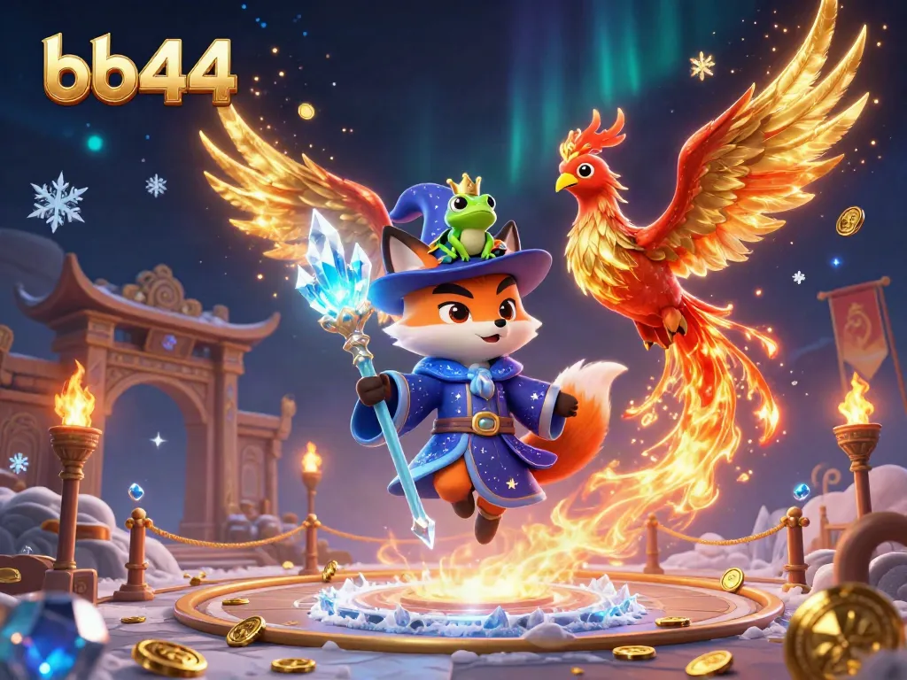Engage with bb44's immersive gaming universe, featuring a wizard fox and phoenix in a vibrant casino scene.