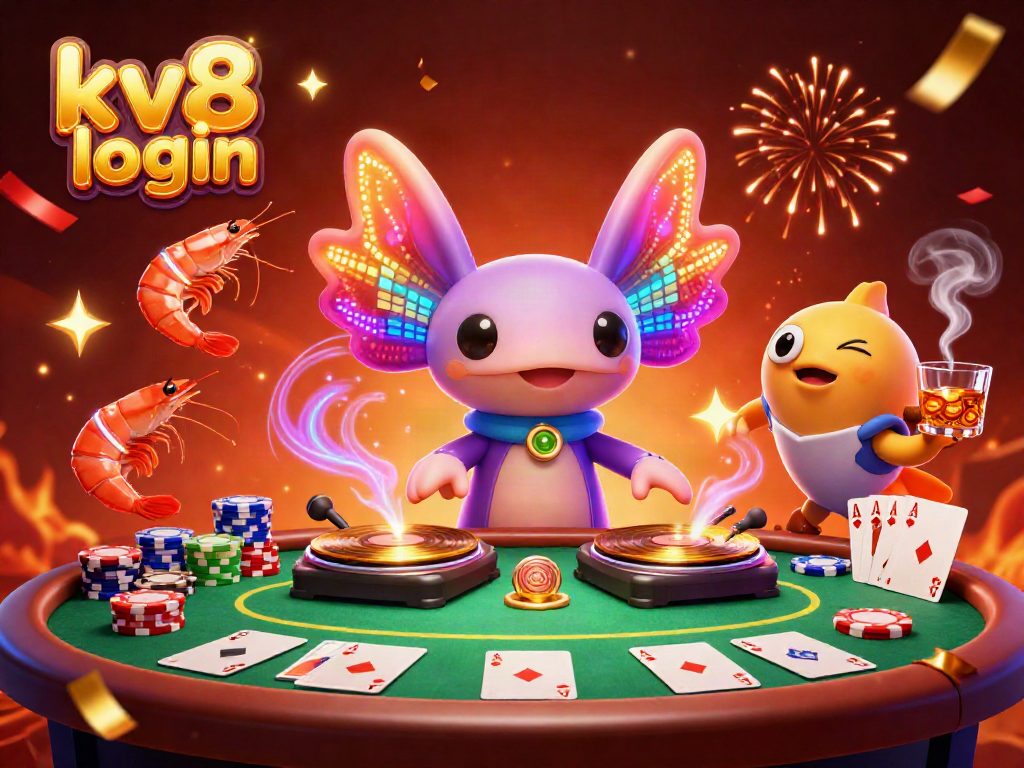 Engage in the kv8 login with a vibrant illustration featuring whimsical characters in a casino setting.