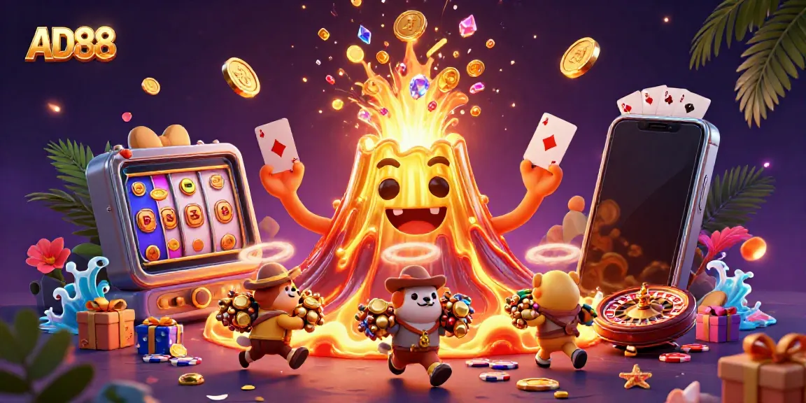 Experience the excitement of AD88 with a golden volcano erupting coins and thrilling game elements.