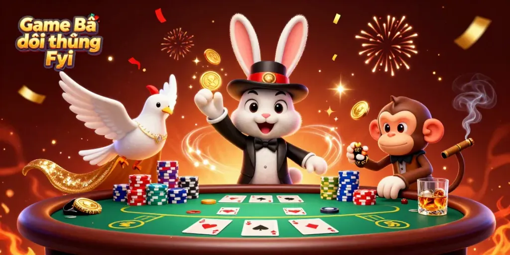 Game Bài Đổi Thưởng Fyi showcases a magician rabbit revealing golden coins amidst a vibrant casino scene.