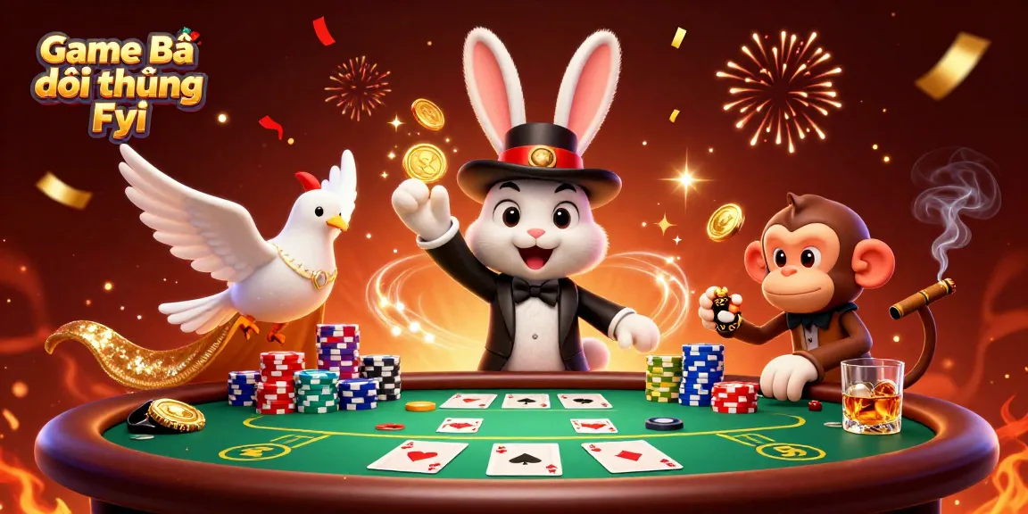 Game Bài Đổi Thưởng Fyi showcases a magician rabbit revealing golden coins amidst a vibrant casino scene.